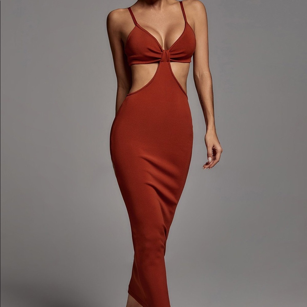 CUT OUT RUST AMBER MIDI DRESS XS - Picture 2 of 13
